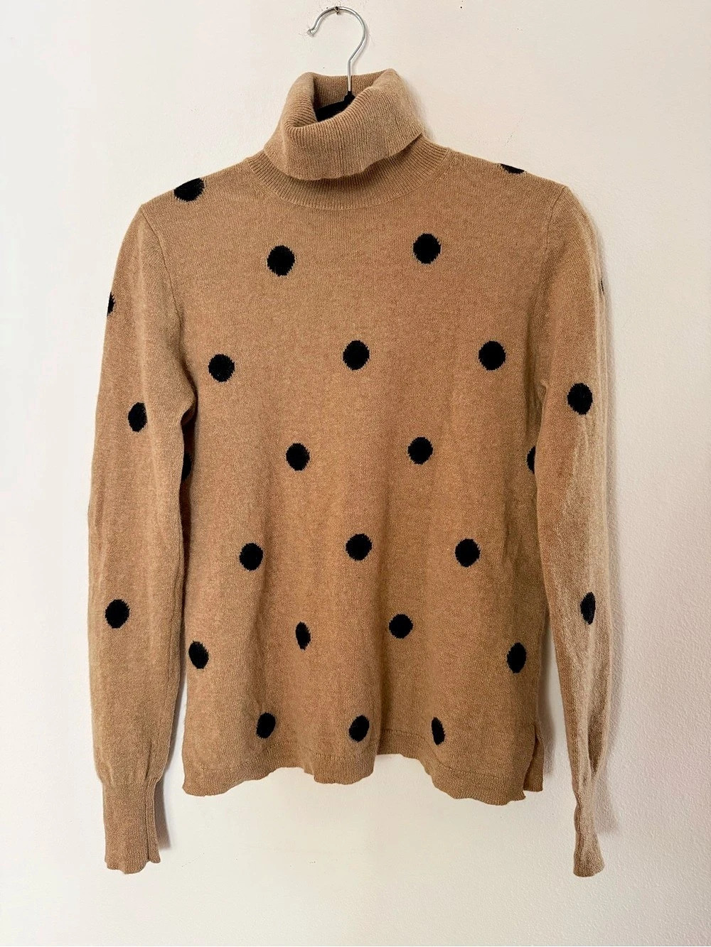 J.Crew 100% Cashmere Polka Dot Turtleneck Sweater Camel Black Size S